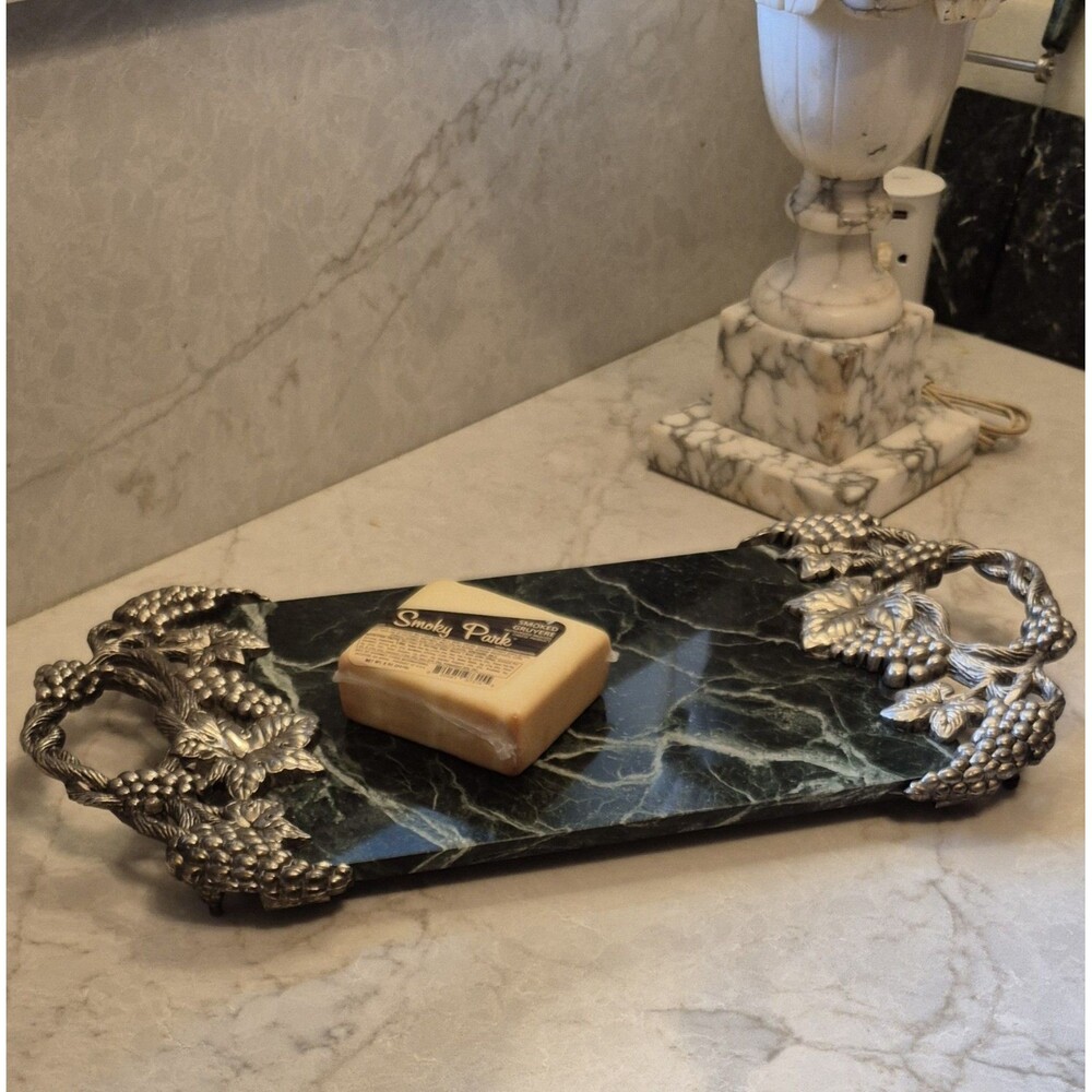 Vintage Godinger Green Marble Serving Tray ornate silver-plated Grape Cluters